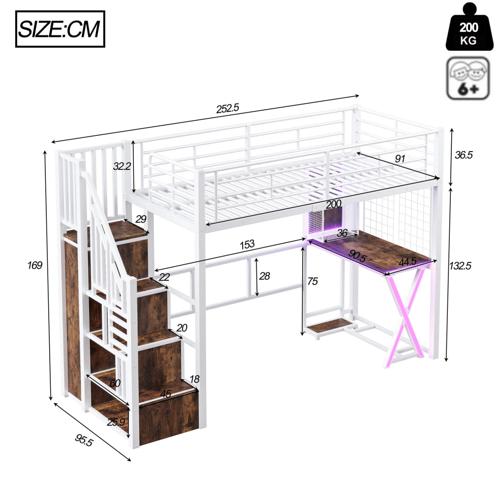 Letto a soppalco 90x200 cm con scrivania, armadio e LED