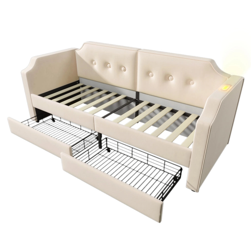 Letto 90x200 cm con USB Type-C; lampada da lettura e 2 cassetti in velluto beige