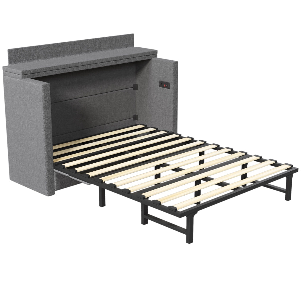 OKWISH Letto a scomparsa 140×200 cm, Letto Matrimoniale con 1 Cassetto, USB, Tipo C e Mensola, senza Materasso, in Lino, Grigio