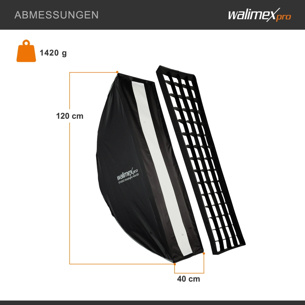 Studio Striplight Softbox 40x120cm + adattatore softbox per Hensel Expert, ruotabile a 360°, facile da montare grazie alla funzione ombrello, include griglia, maschera