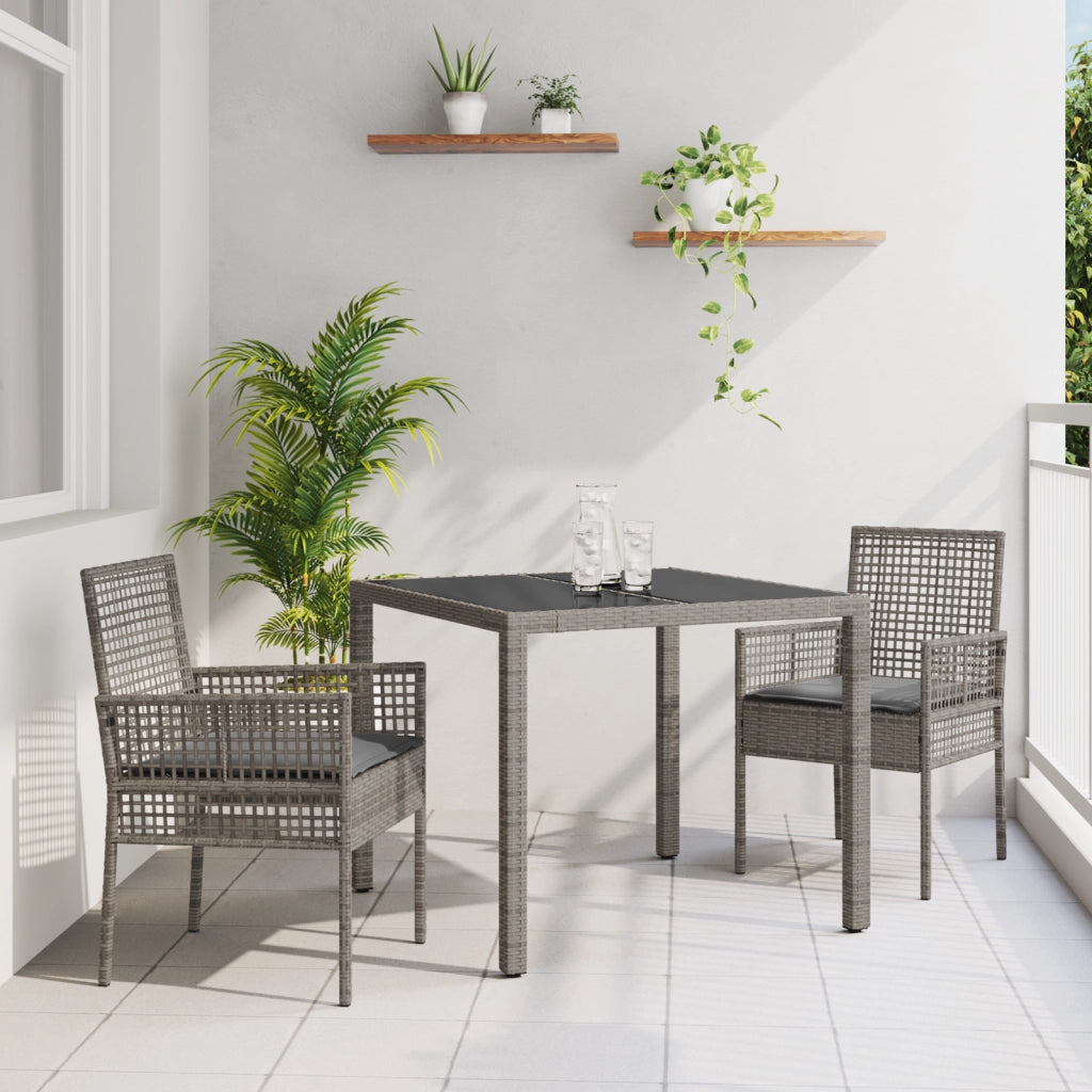 Set da Pranzo da Giardino a 3 Pezzi con Cuscini Grigio in Polyrattan