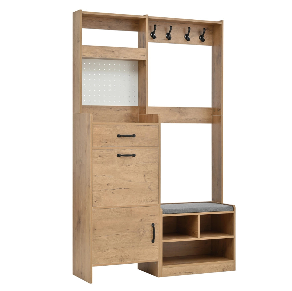 Guardaroba da ingresso 108.5x35x180 cm con panca; 4 ganci; truciolato naturale e bianco