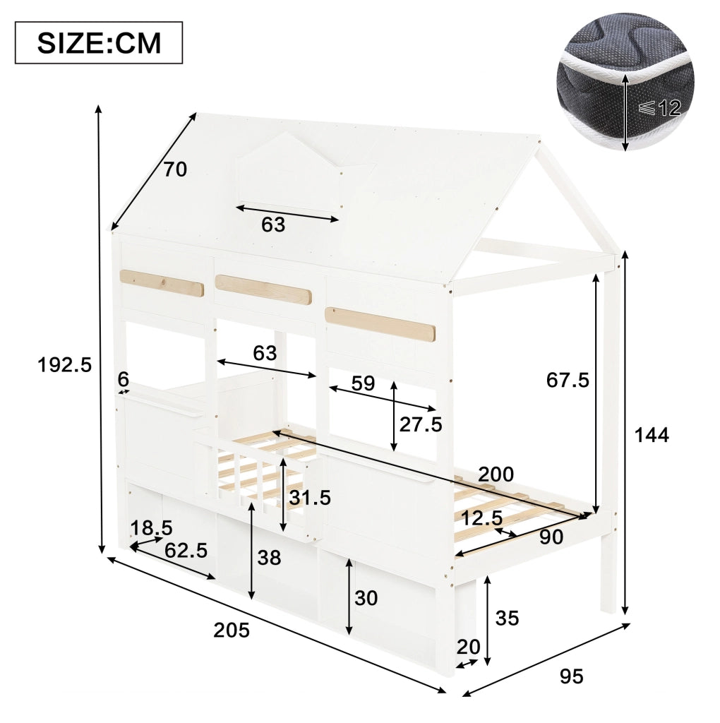 Letto a soppalco 90x200 cm bianco in pino e MDF, libreria integrata, senza materasso