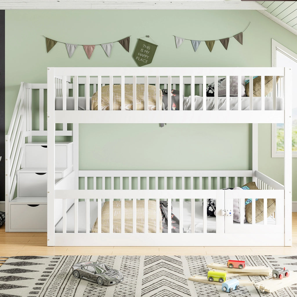 OKWISH Letto a Castello 140×200 cm, Letto Matrimoniale con Scala Contenitore, Cassetti e Sponde, senza Materasso, in Legno, Bianco