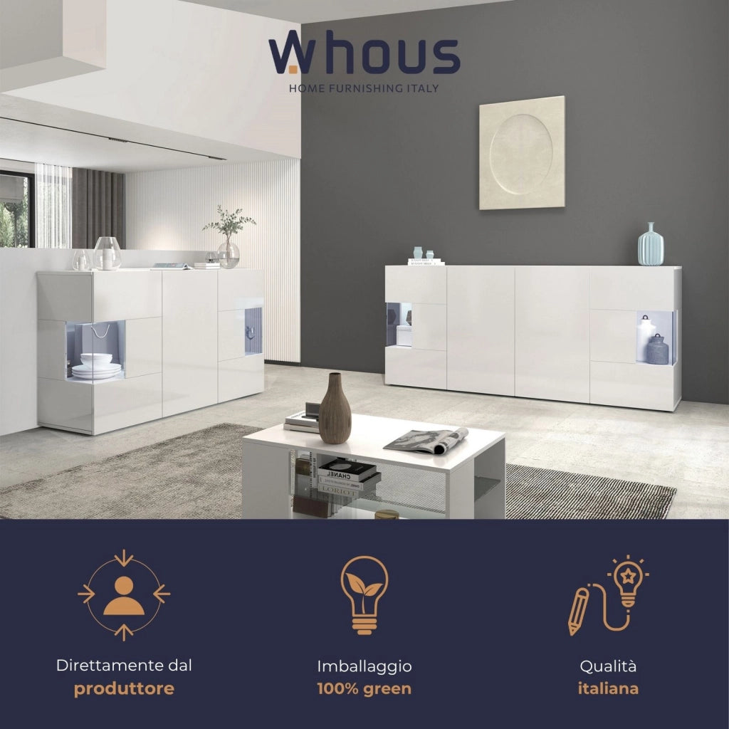 WHOUS Credenza Egypt a 3 ante con inserti in vetro espositivi bianco lucido 135x40x80 cm