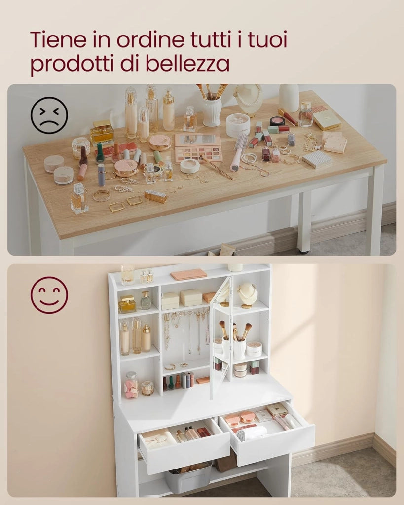 VASAGLE KAILYN Collezione - Toeletta con Luci LED 3 Colorazioni con LuminositàRegolabile, Tavolo da Trucco con Specchio, Ripiani Regolabili, 2 Cassetti, Postazione Trucco, Bianco RDT123T14
