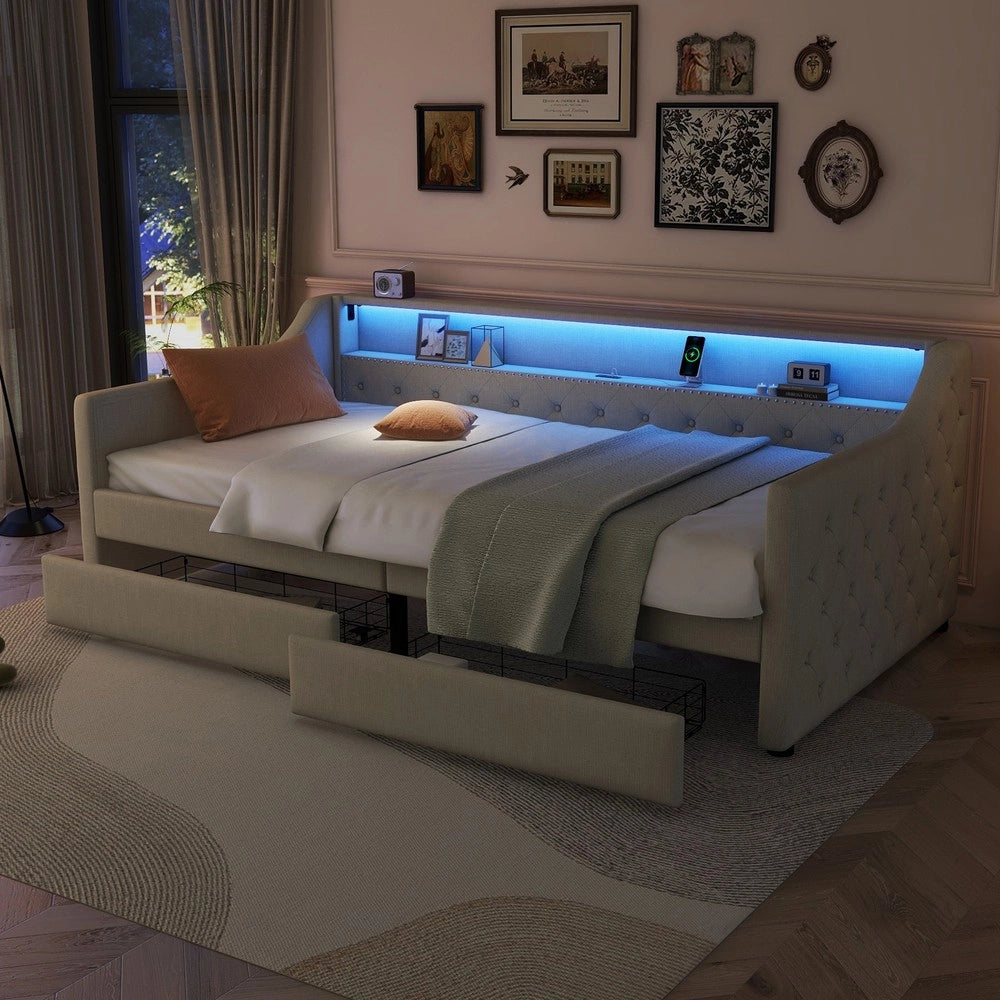 Letto Singolo con Doghe e Cassetti ¨C MINIMAL ¨C Beige, Tessuto Linen, 90x200, Luce LED