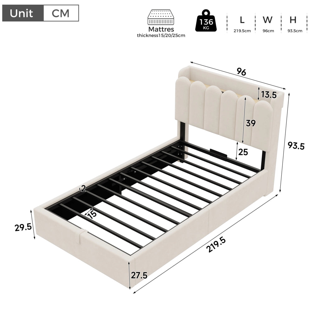 Letto imbottito 90x200 cm con contenitore; prese USB e Type-C; luce notturna in velluto beige