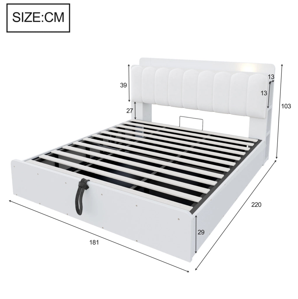 Letto matrimoniale 180x200 cm in legno bianco con contenitore idraulico; testiera imbottita e USB