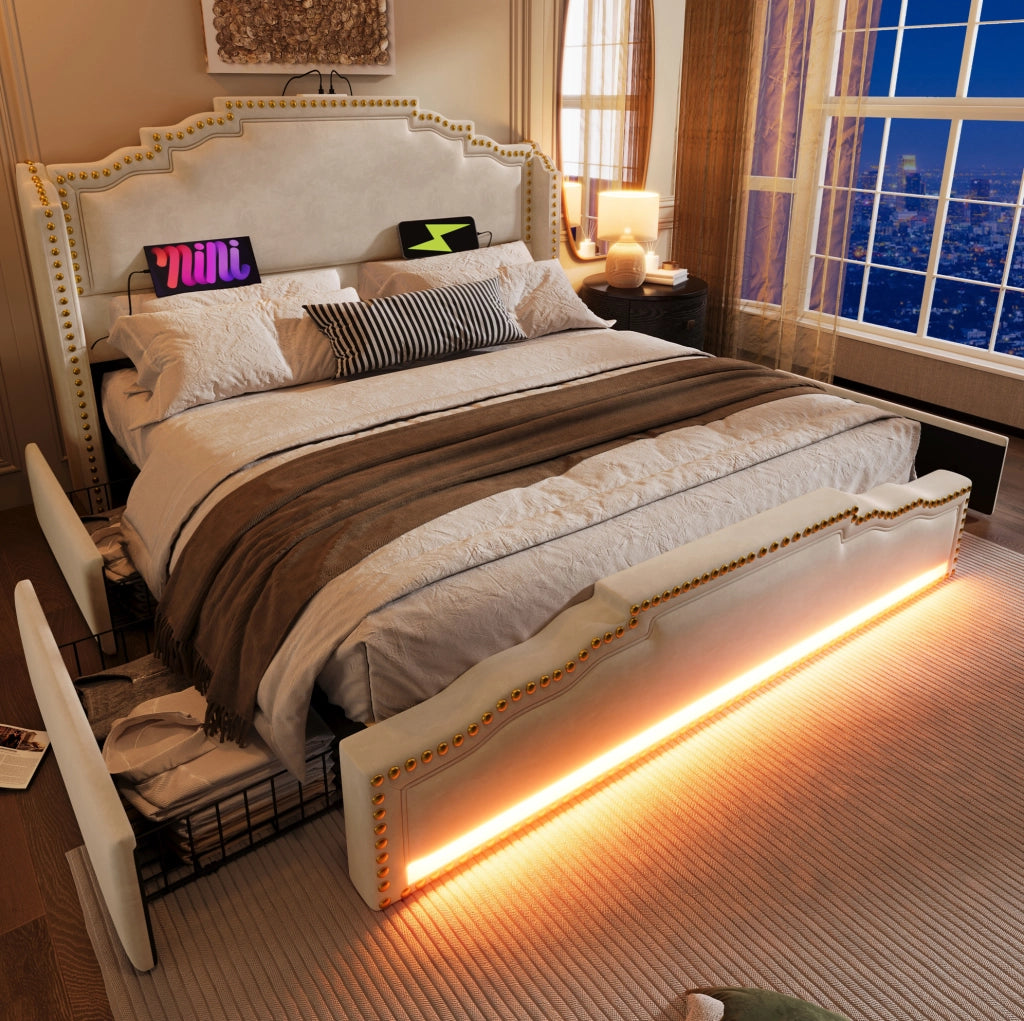 Letto matrimoniale 160x200 cm in velluto beige con LED; USB Type-C; 4 cassetti e materasso