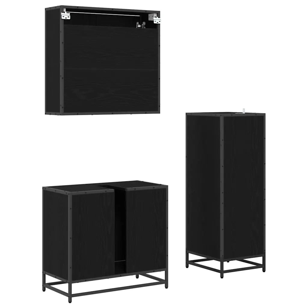 Set di mobili per il Bagno | Armadio da bagno 3 pz Rovere Nero Legno multistrato