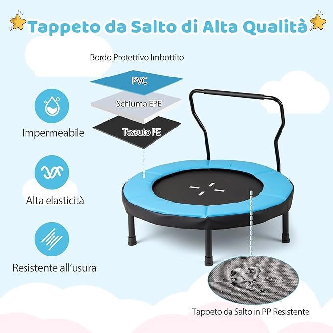 Trampolino Elastico per Bambini, Tappeto Elastico da Interno ed Esterno con Manubrio in Schiuma e Cuscino di Sicurezza, Ideale per Bambini 3-6 Anni, Portata 100 kg