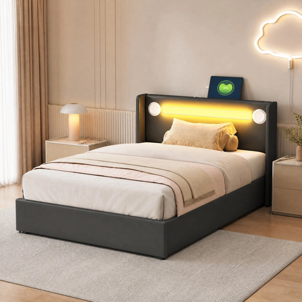 Letto imbottito 90x200 con LED, Bluetooth e ampio contenitore