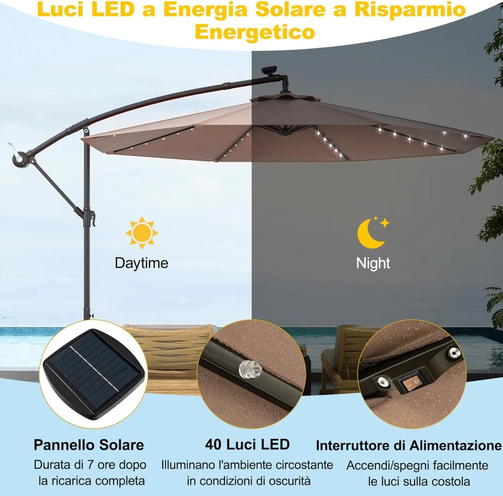 Ombrellone da Giardino 300 cm, 40 Luci LED Solari, Anti-UV, Inclinazione Regolabile, Manovella, 8 Stecche per Esterno Piscina Patio (Marrone)