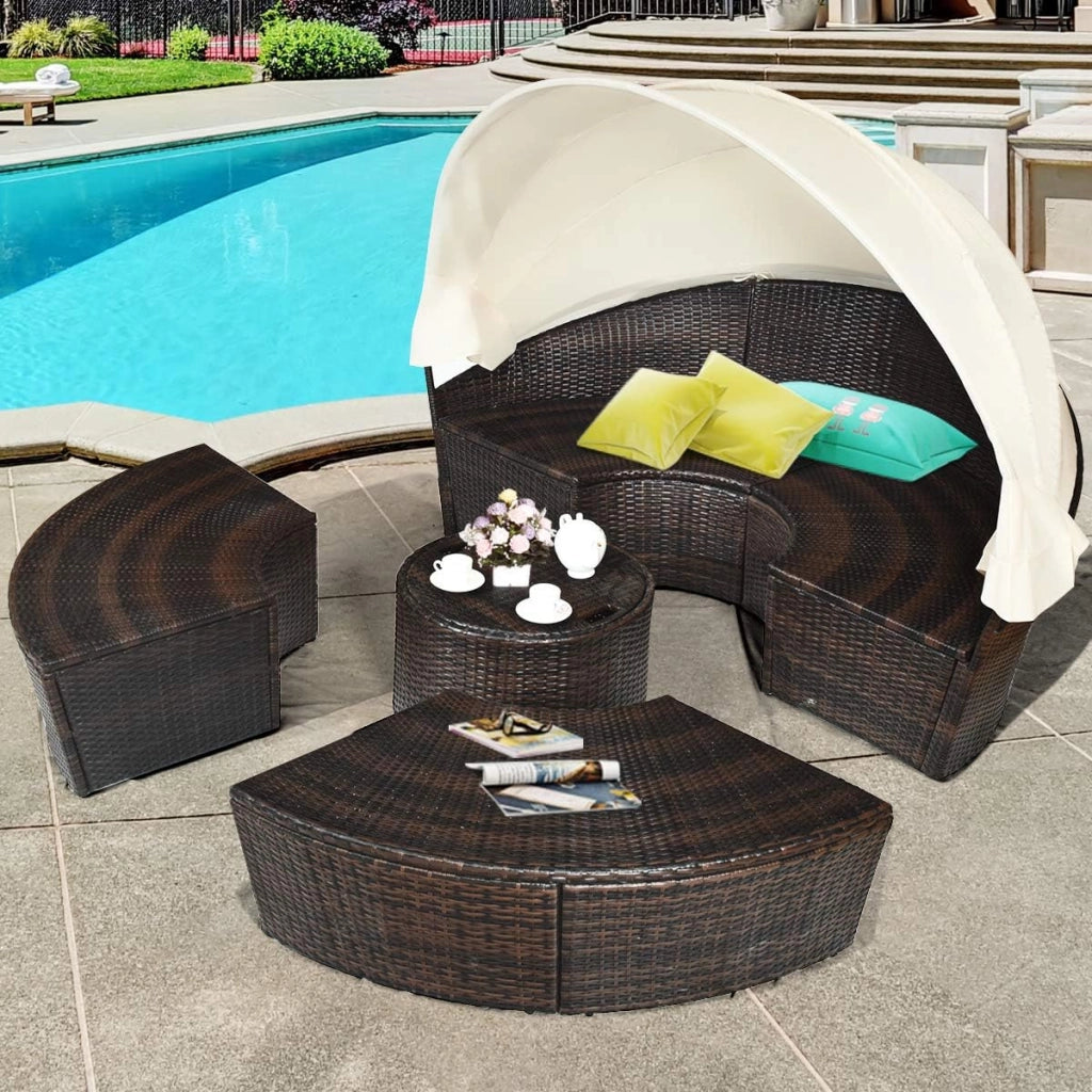 Letto da Giardino Esterno Rotondo in Rattan con Baldacchino Retrattile, Salotto da Giardino Esterno Divano, Lettino da Giardino Portico (Bianco)