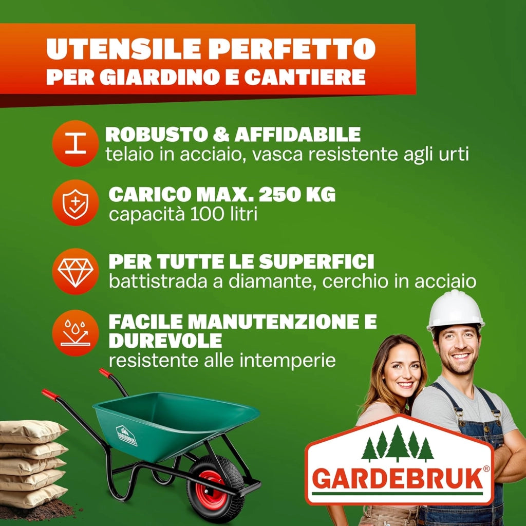 ® Carriola 100 Litri da Giardino Cantiere Costruzione Portata Massima 250kg con Pneumatico Vasca Polipropilene