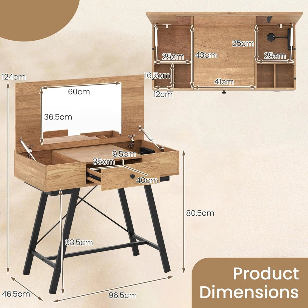 Tavolo da trucco con specchio pieghevole, con stazione di ricarica, cassetto, 6 scomparti per riporre oggetti, vassoio nascosto, scrivania da toeletta 2 in 1, per camera da letto, studio
