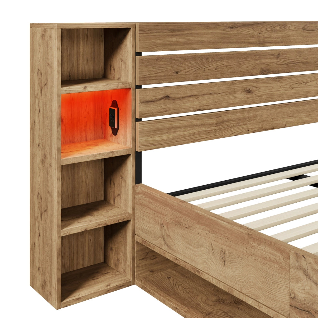 Letto 180x200 cm con LED, USB-C, testiera contenitore e 2 cassetti, rovere