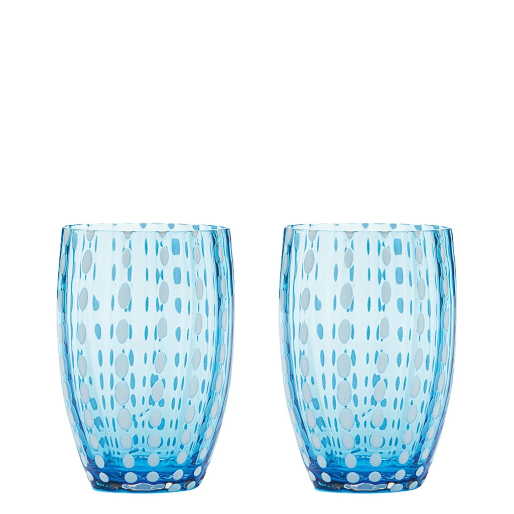 Zafferano Perle Bicchiere Acquamarina - Vetro Colorato Soffiato a Bocca, 32 cl, Lavorato a Mano - Set da 2 Tumblers Artigianali per Acqua o Cocktail