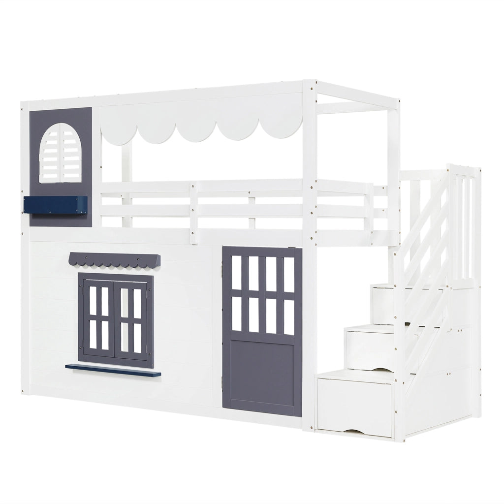 Letto semialto per bambini 90x200 cm con design a casetta; scala contenitore bianco e blu