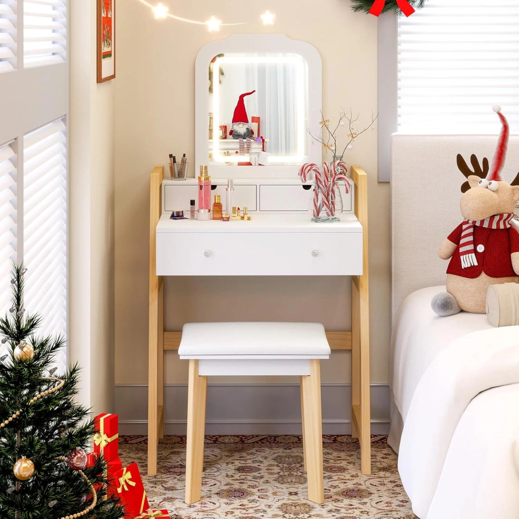 Set di Tavolo da Toeletta, Tavolo da Trucco con Sgabello e Specchio Regolabile in Altezza, 3 Cassetti, Bianco Moderno Minimalista