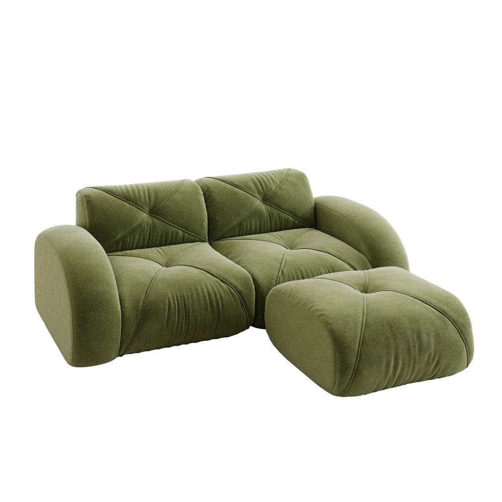 Divano modulare 2 posti con pouf in chenille e schiuma ad alta densità senza telaio per soggiorno verde familiare