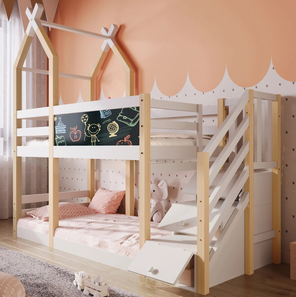Letto a soppalco per bambini 90x200 con lavagna, scala contenitore e protezione laterale