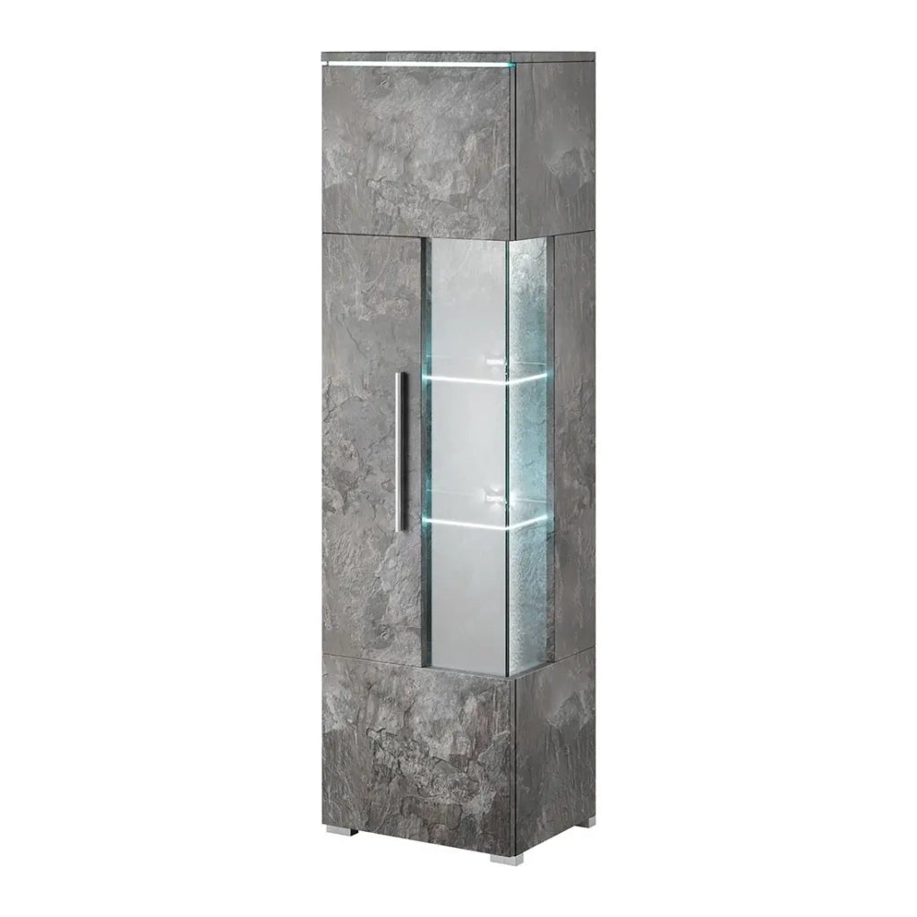 Vetrina alta design collezione BOMBAY. Colore grigio effetto ardesia. Apertura a sinistra.