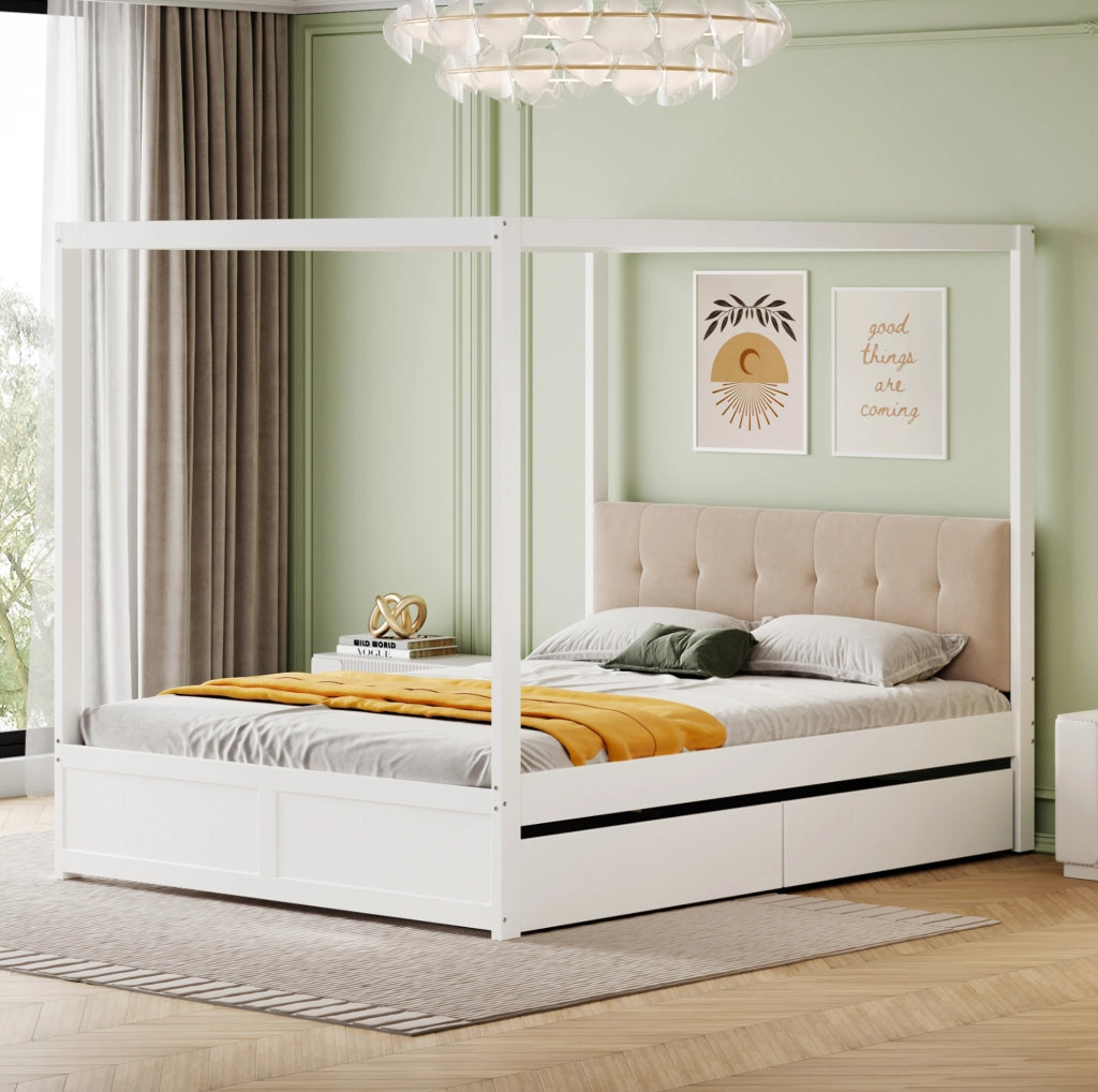 Letto a tenda 140x200 cm; con cassetti e testiera imbottita; legno bianco