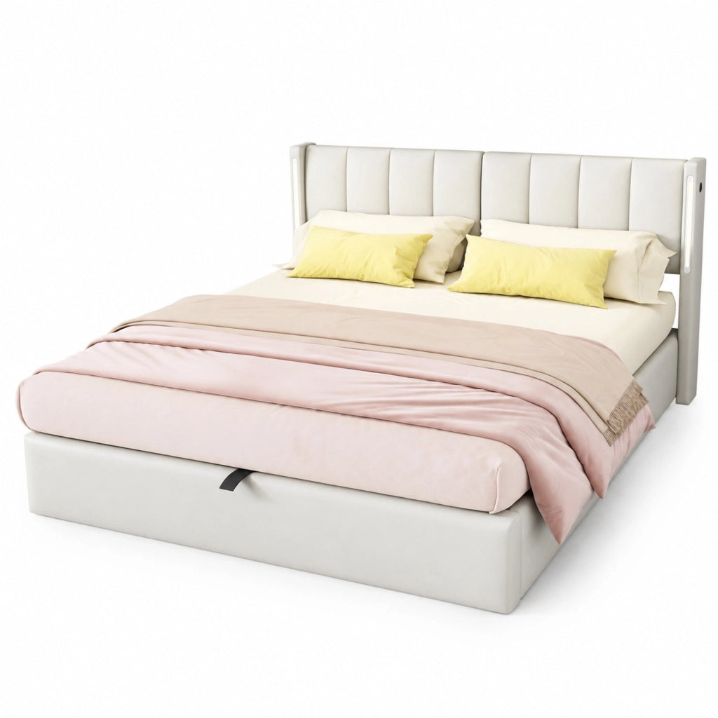 Letto imbottito 140x200 cm con LED, USB, contenitore e rete a doghe, bianco