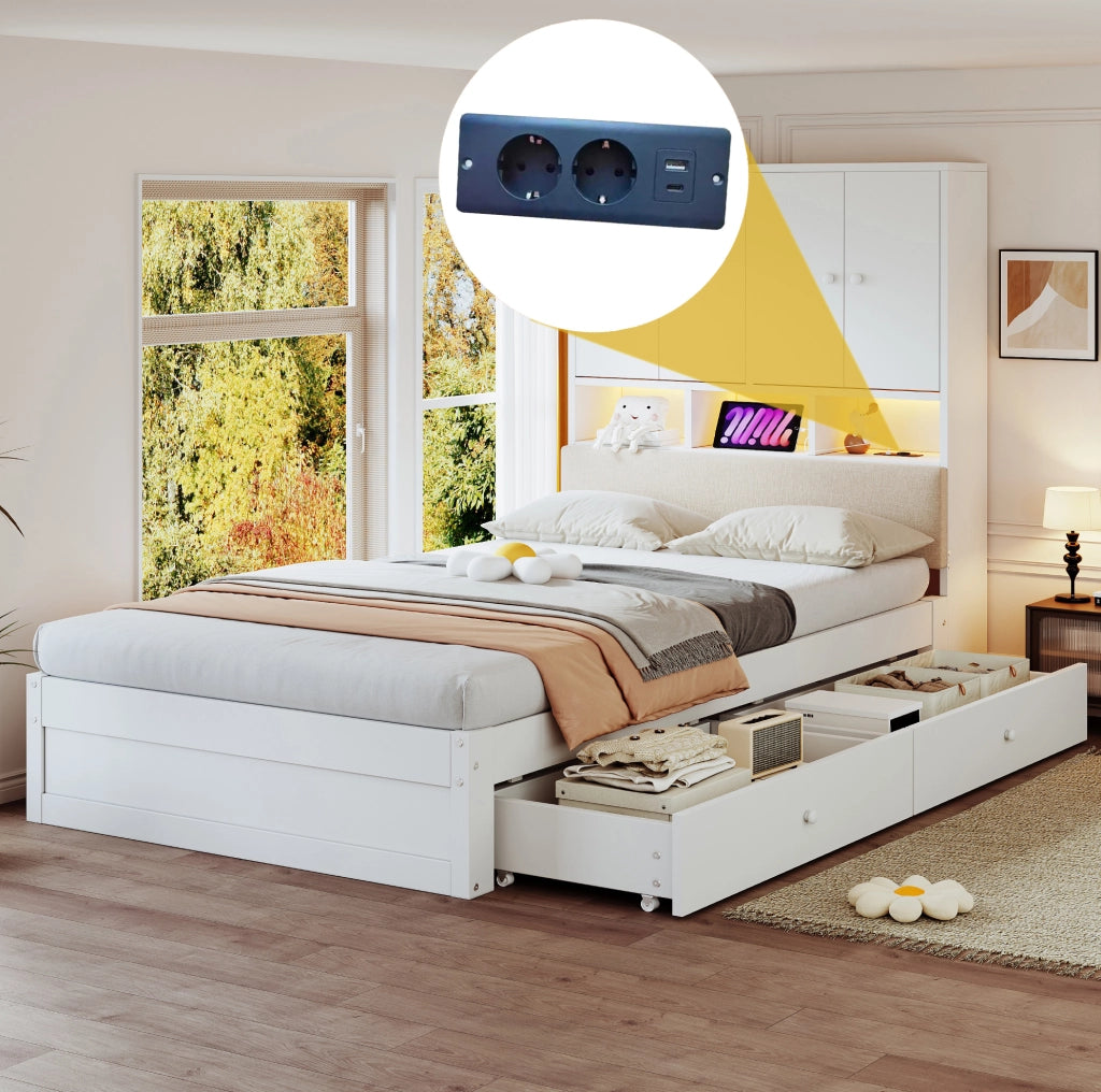 Letto singolo 90x200 cm con 2 cassetti; LED e presa integrata in pino; MDF e tessuto; bianco