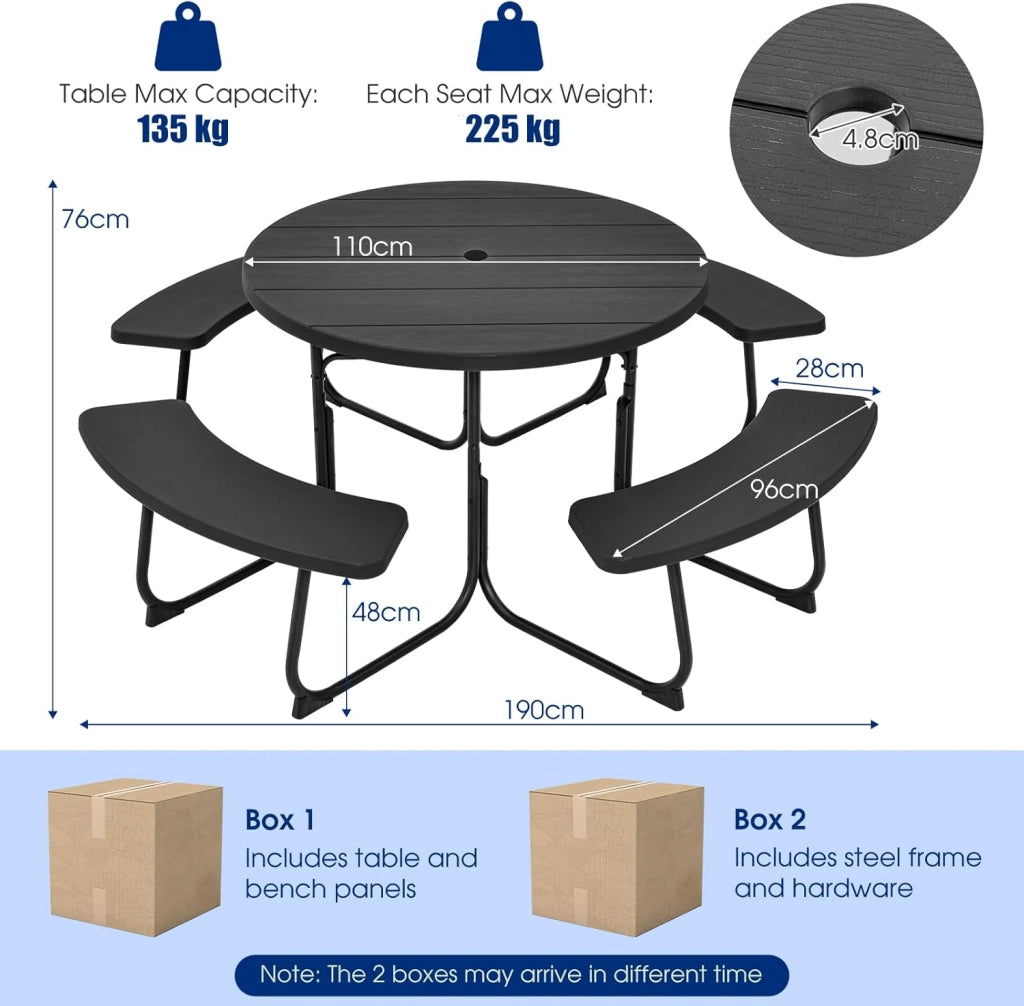 Set di Tavolo da Picnic Rotondo per 8 Persone, Set di Sedie e Tavolo con Foro per Ombrellone, Mobili da Giardino con 4 Panche, in HDPE e Metallo, φ190 x 76 cm (Nero)