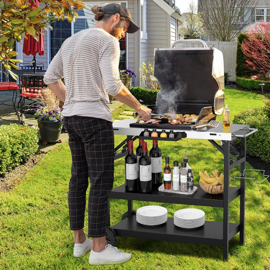 Carrello barbecue con 3 ripiani supporto reggi cellulare portaspezie portasciugamani-Buffet-Armadio da cucina Carrello BBQ in metallo Nero