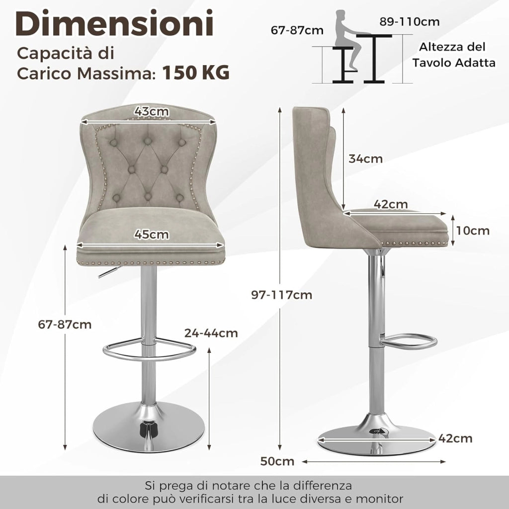 Set 2 Sgabelli da Bar in Velluto 97-117cm, Sedie Regolabili e Girevoli con Poggiapiedi, Schienali e Base in Metallo Elettroplaccata per Casa, Cucina, Pub e Ristorante (Grigio)