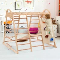 Struttura da arrampicata multifunzionale 7-in-1, altalena, scala da arrampicata, scivolo, rete, pietre da arrampicata, anelli, casetta tenda, 134×120×120 cm, Naturale