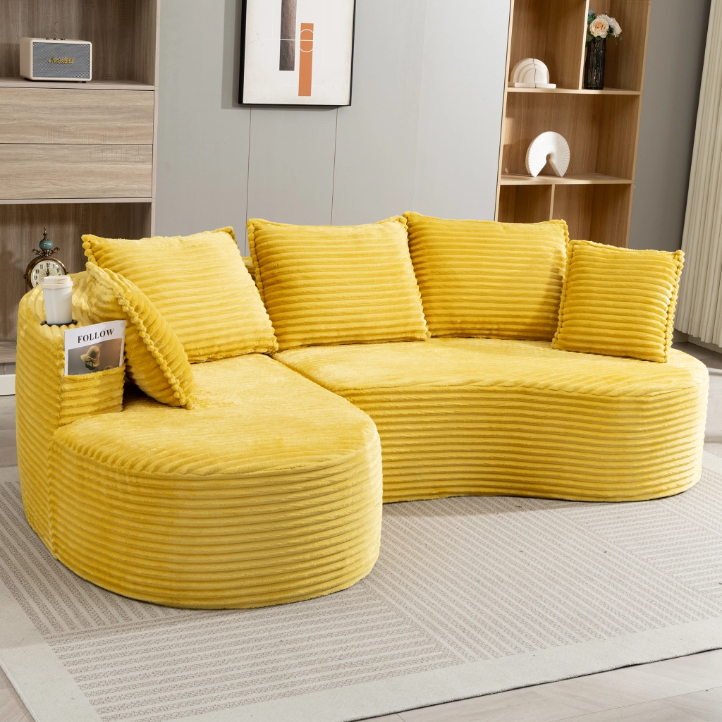 DIVANO ad arco 250x152x82 cm in velluto a coste giallo senape con portabicchieri