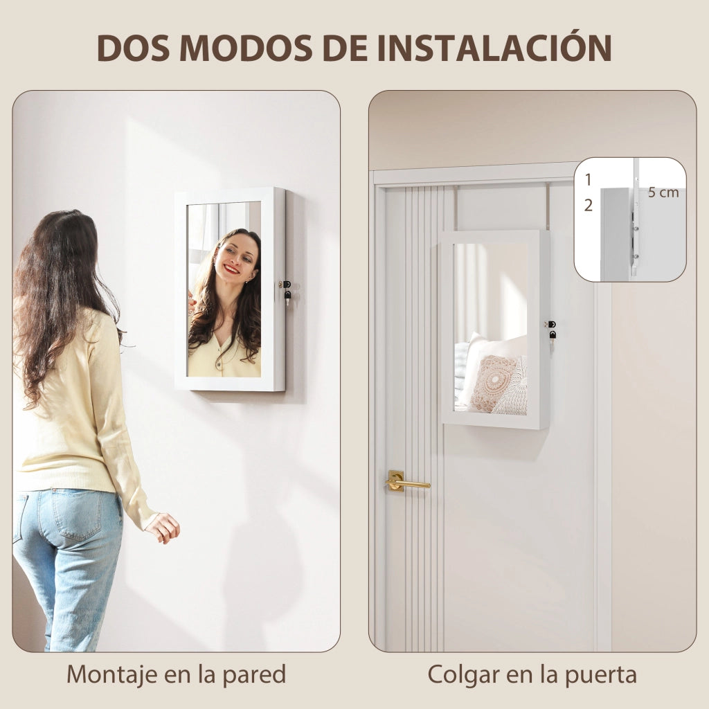 Specchio Portagioie da Parete con Serratura ¨C Xylo ¨C Bianco con Fodera Crema