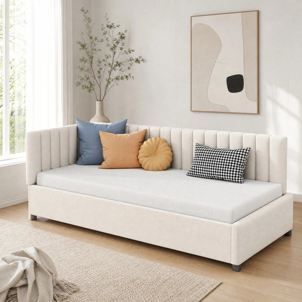 Letto imbottito 90x200 cm con rete a doghe; in velluto beige