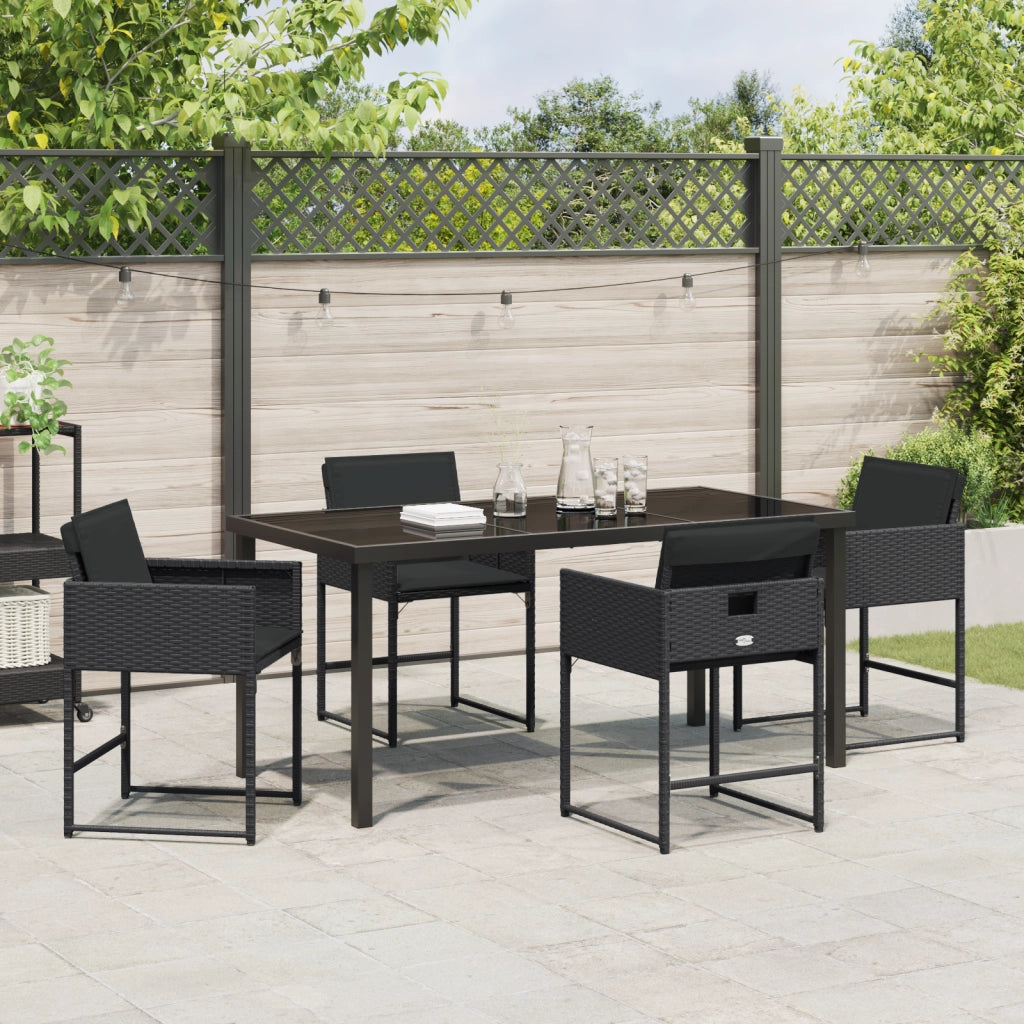 Set da Pranzo da Giardino con Cuscini in 5 Pezzi Rattan Poliestere Nero