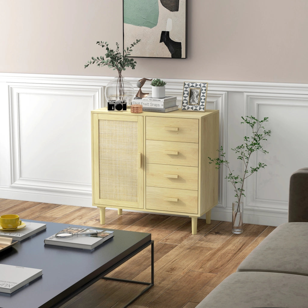 Credenza in rattan con ante intrecciate e 4 cassetti ¨C Xylo ¨C Effetto legno naturale 80x38x80,5 cm