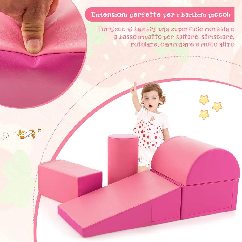 Set di 5 Blocchi con Diverse Forme e Colori, Giocattolo per Arrampicata e Strisciamento, Aiuta i Bambini a Crescere (Rosso e rosa)