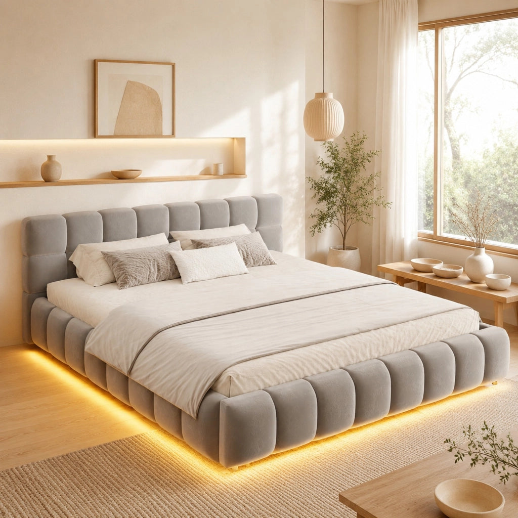 Letto imbottito 160x200 cm con contenitore idraulico; LED; velluto grigio