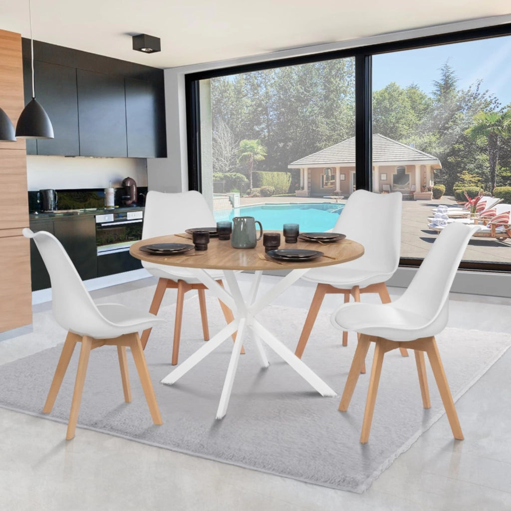 Tavolo da pranzo rotondo ALIX, legno e gambe a ragno bianche, 4-6 persone, 110 cm