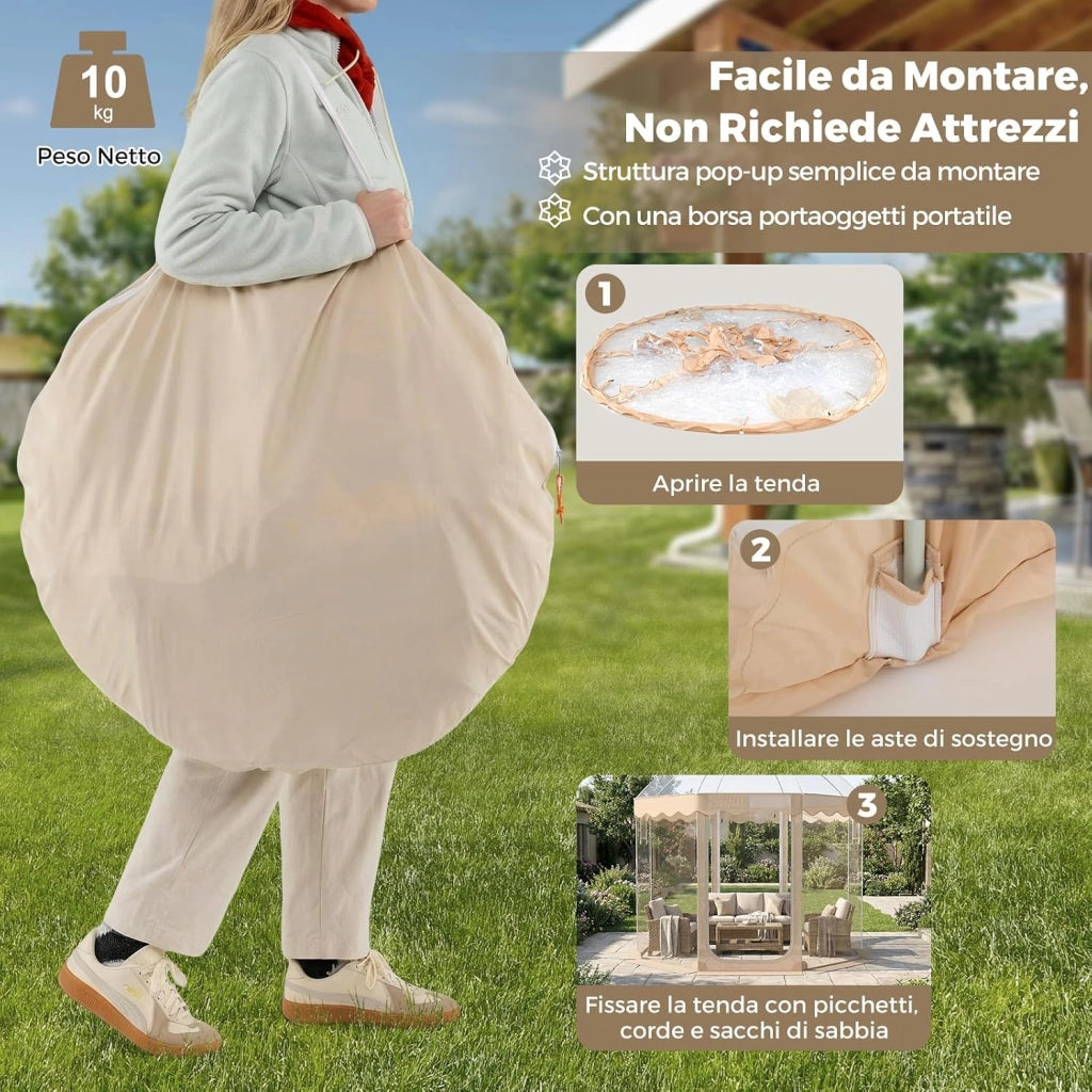 Tenda a Bolla Trasparente, Vista Panoramica a 540°, Tenda Sportiva Pop-up con 8 Corde Antivento, 16 Picchetti, 4 Sacchi di Sabbia e Borsa per Eventi Sportivi, Pesca e Campeggio