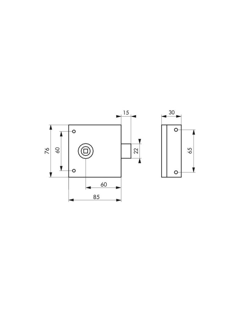 Serratura orizzontale da applicare con quadro maniglia 6mm, richiamo scrocco 1/2 giro, asse 45mm, 85x76mm, nero - THIRARD