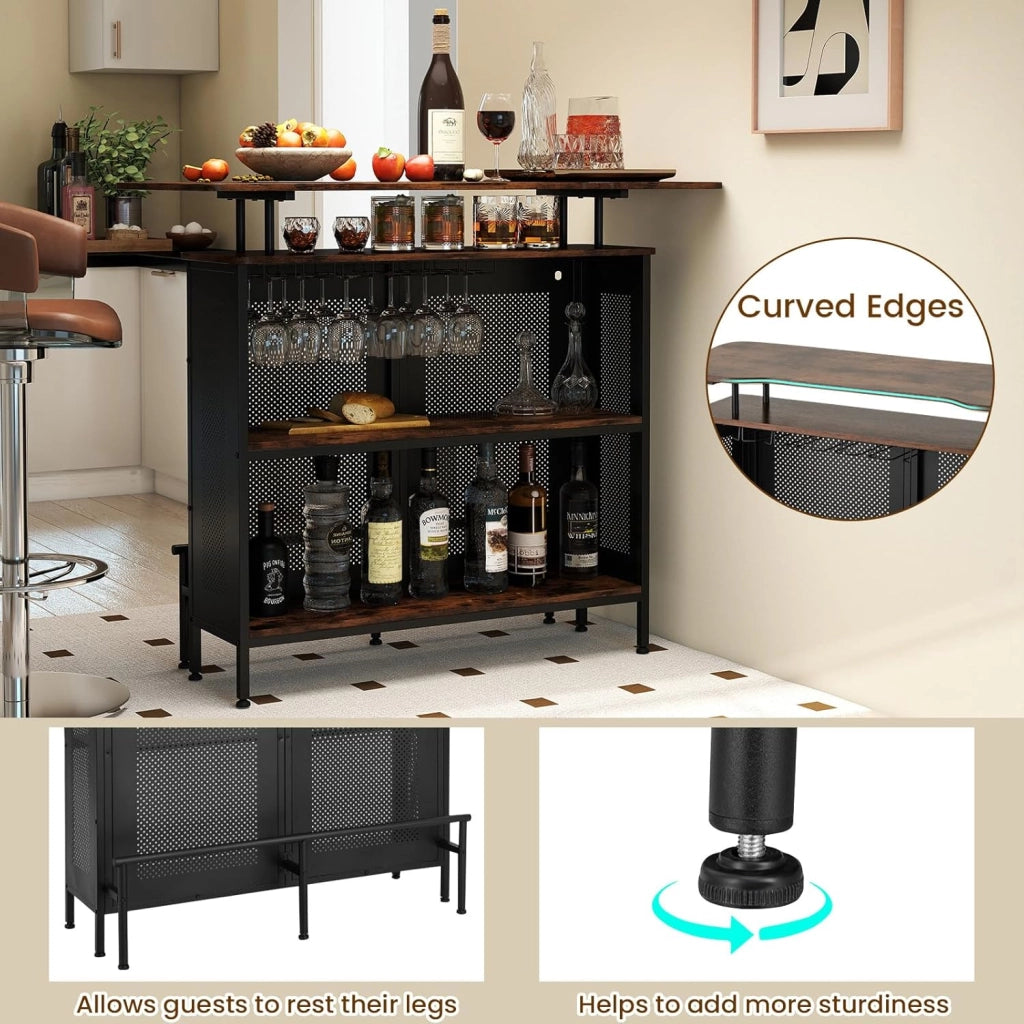 Tavolo da bar con 1 ripiano rialzato e 6 portabicchieri, tavolo da vino a 4 livelli, tavoli per bere cucina, poggiapiedi in stile industriale, nero, 120 x 50 x 106,5 cm (rif. 2.0)
