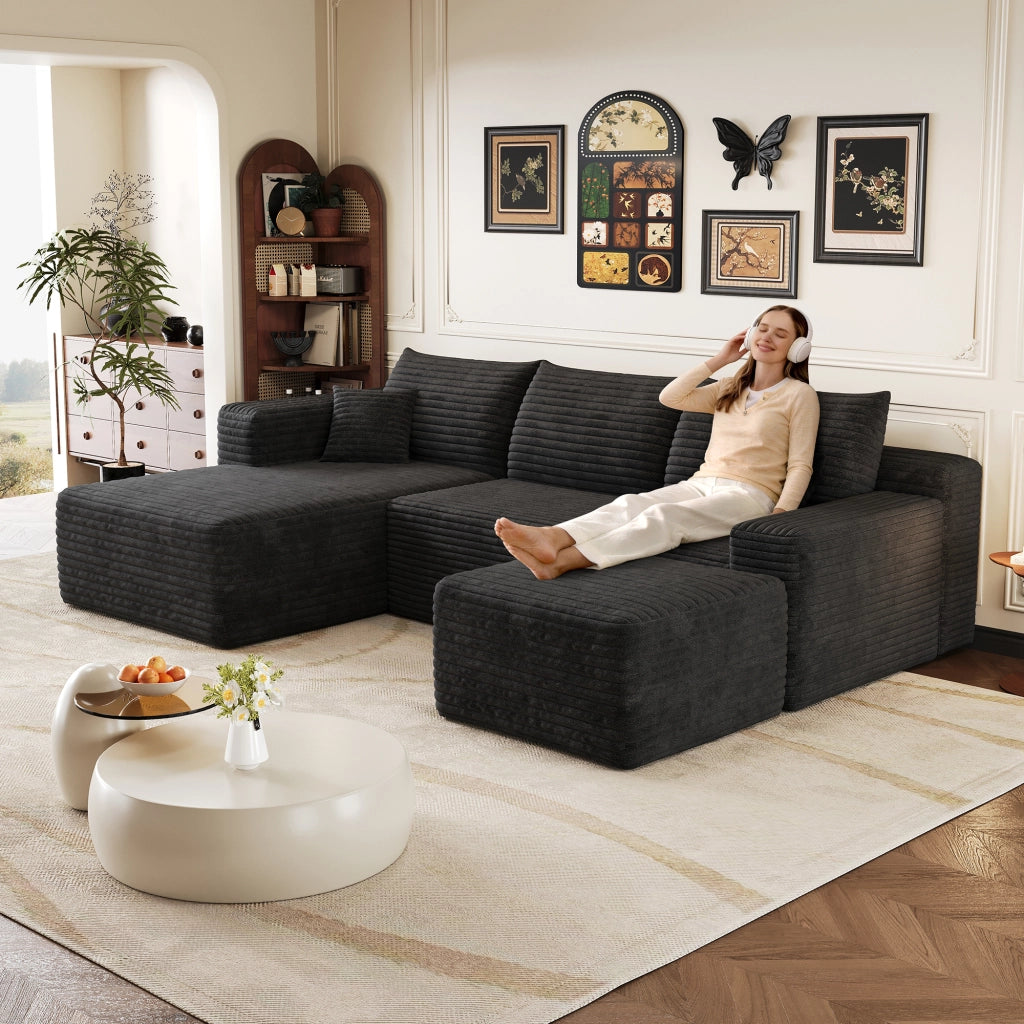 Divano angolare in tessuto con imbottitura in schiuma ad alta elasticità senza montaggio nero 241 × 151 × 58 cm