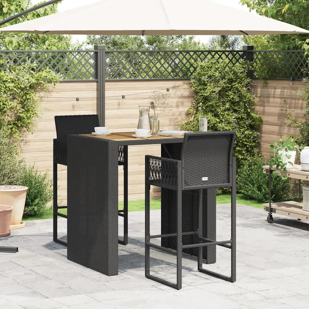 Set Bar da Giardino 3pz senza Cuscini Nero in Polyrattan Acacia