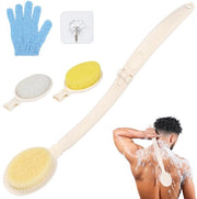 Rugborstel per doccia con lunghe setole, 3-in-1 spazzola idratante per la schiena, spazzola per doccia per esfoliazione, massaggi, 3 testine intercambiabili