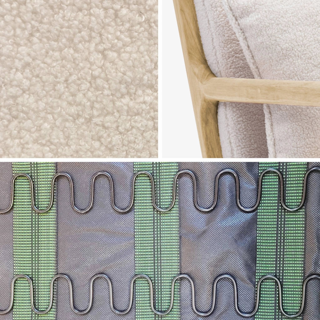Poltrona scandinava a dondolo in legno e tessuto bouclé, crema